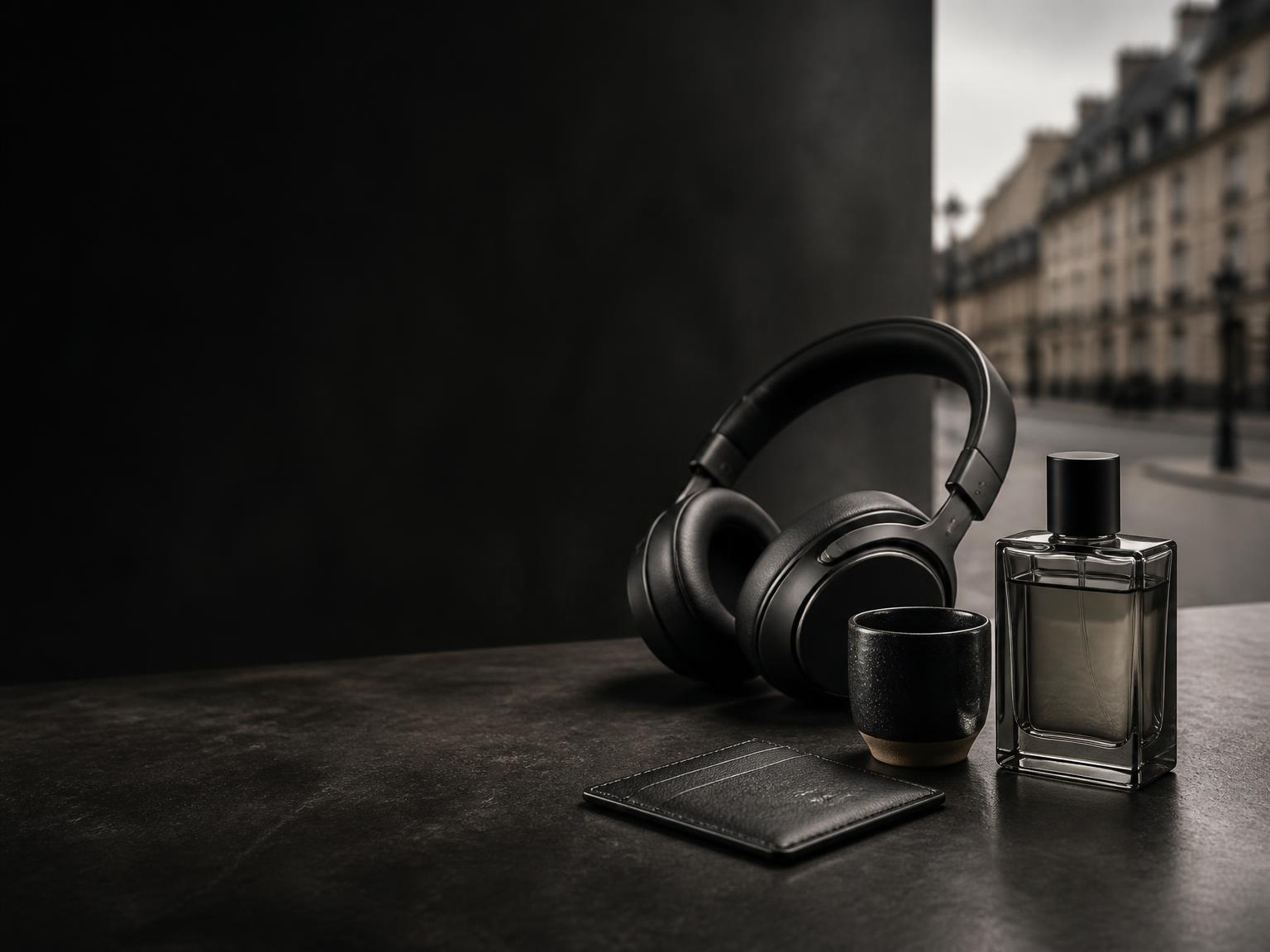 Seleção de produtos europeus — fone de ouvido, perfumaria e acessórios — sobre mesa de pedra escura com boulevard europeu ao fundo